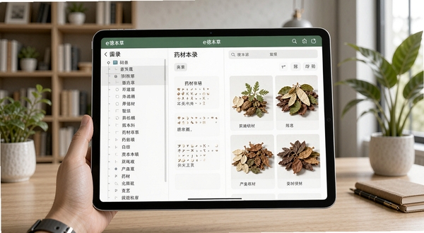 e德本草软件在平板电脑上的横屏显示效果,屏幕分栏展示左侧为药材目录树,右侧为药材详情与高清图片,画面简洁,背景为现代书房环境,有绿植点缀,体现大屏查阅的舒适感。