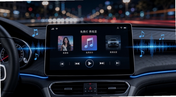 汽车音乐免费歌曲软件主界面展示,画面中央是一辆现代汽车的中控台,中控大屏上显示着汽车音乐免费歌曲的播放界面,界面色彩以深色为主搭配蓝色光效,屏幕周围有音符和声波纹理向外扩散,背景是夜晚城市道路的虚化光斑,整体风格科技感十足,适合车载场景展示