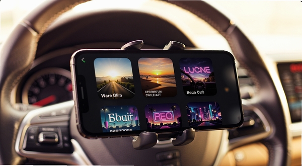 汽车音乐免费歌曲的智能推荐界面,画面主体是一个手机屏幕,屏幕上显示着各种驾驶场景歌单封面,如清晨公路、夕阳海滩、霓虹夜景,手机放置在一个汽车手机支架上,背景是模糊的车内环境,方向盘隐约可见,整体色调温暖明亮