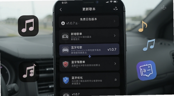 汽车音乐免费歌曲版本更新界面截图,手机屏幕显示着更新日志列表,重点突出v1.0.7版本的新增驾驶歌单算法和蓝牙优化内容,界面采用深色主题,文字清晰,旁边有音符和更新图标装饰