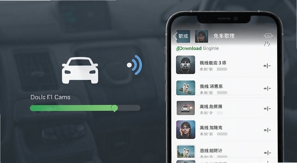 汽车音乐免费歌曲下载管理界面,手机屏幕显示着下载进度条和已完成的歌曲列表,旁边有一个汽车图标和无线网络信号图标,画面风格简洁明快,突出离线缓存功能的便捷性
