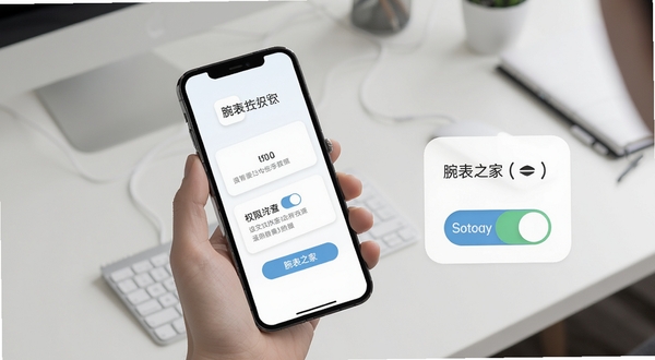 腕表之家使用教程示意图,画面展示手机屏幕内操作步骤引导页,背景为简洁办公桌面,包含设置图标与权限开关示意元素,风格清新易懂,适配Boogu模型生成