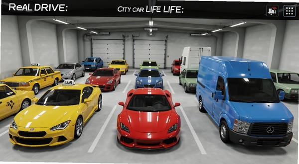 Real Drive: City Car Life 车辆选择界面预览图,画面展示多辆不同型号汽车整齐排列在车库中,包含出租车、跑车、货车等车型,背景是简洁的车库环境,光线明亮均匀,细节清晰,突出车辆外观与色彩差异