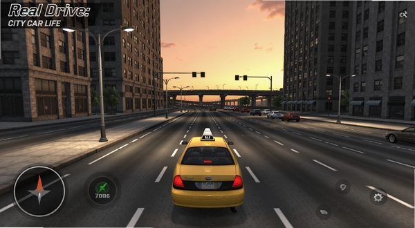 Real Drive: City Car Life 游戏主界面截图,写实风格城市道路场景,画面中央有一辆出租车行驶在宽阔的城市主干道上,两侧是高楼大厦与路灯,天空呈傍晚暖色调,背景区域包含远处立交桥与车流,整体画面明亮清晰,适配手机屏幕比例