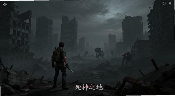 死神之地游戏主界面,幸存者站在废墟城市中央,周围是破败建筑与浓雾,远处有变异生物剪影,画面主体居中偏左,背景为暗色调末日废土风格,适配Boogu模型生成