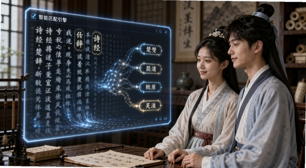 诗词起名智能匹配引擎界面,画面中一位身穿汉服的年轻父母正面对悬浮的发光屏幕,屏幕上流动着《诗经》与《楚辞》的文字瀑布,文字自动汇聚成几个闪光的名字选项,背景是虚化的古代书房,充满科技与古典交融的氛围