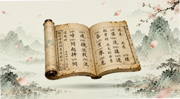 诗词起名软件主界面展示,画面中央悬浮着一本泛黄的古籍书卷,书页上浮现出清晰的汉字与拼音注解,背景为淡雅的水墨山水与飘落的花瓣,整体色调温润如玉,呈现古典文化气息,坐标居中布局,适配Boogu模型生成