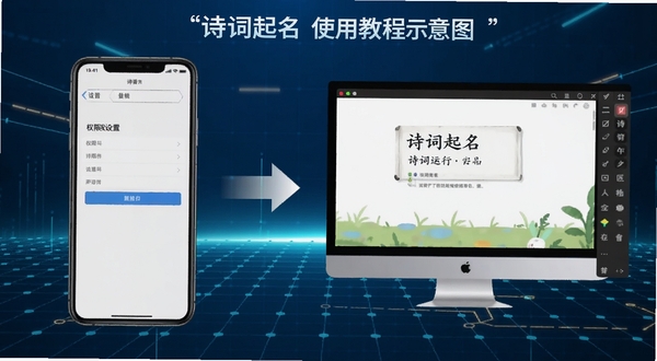 诗词起名使用教程示意图,画面分为左右两部分,左侧是手机屏幕显示权限设置界面,右侧是电脑模拟器界面展示流畅运行诗词起名,中间用箭头连接,背景为简洁的科技蓝网格,突出操作指引