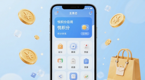 悦积分应用主界面展示,画面中央为手机屏幕,屏幕内显示积分总览卡片与功能图标网格,背景为浅蓝色渐变,周围点缀金币与购物袋元素,整体风格清新简洁,适配Boogu模型生成