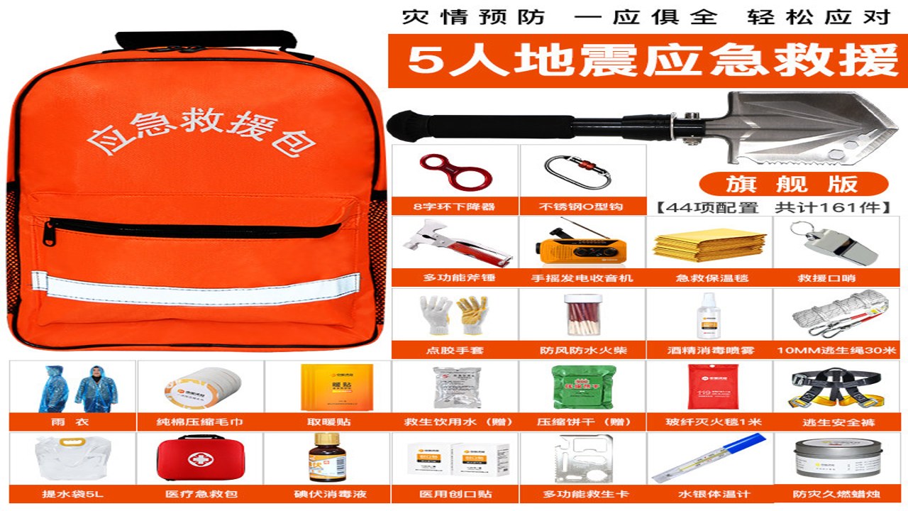 宝宝地震安全2 家庭应急包物资摆放全景图,展示分类收纳的急救包、食物和水,体现整洁有序的准备工作