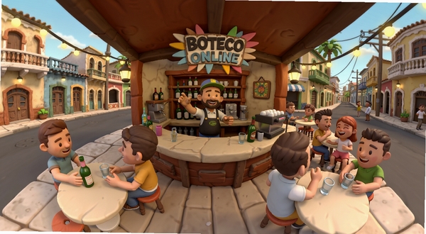 Boteco Online 3D 游戏主界面全景展示,画面中心是热闹的街边小酒馆,店主正在吧台后忙碌,顾客坐在桌前谈笑,背景是充满南美风情的街道与暖色调灯光,整体氛围轻松愉快,3D卡通渲染风格