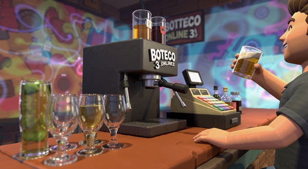 Boteco Online 3D 3D场景特写,镜头拉近到吧台区域,展示精致的酒杯、饮料机与收银台,一位顾客正举杯畅饮,背景有动态光影效果,画面色彩丰富,突出3D建模的立体感