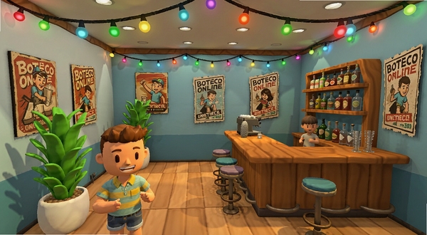 Boteco Online 3D 店铺装饰界面,展示玩家自定义的酒吧内部,有彩色串灯、绿色盆栽、木质吧台与复古海报,画面明亮温馨,突出自由装饰的多样性