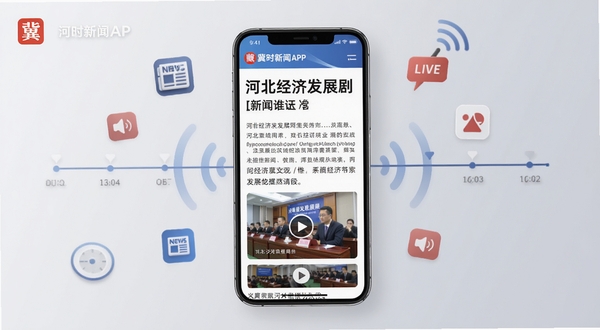 冀时新闻APP新闻详情页面展示,画面中央一部智能手机竖屏显示一篇关于河北经济发展的新闻报道,标题醒目,正文排版清晰,配有新闻图片和视频播放按钮。手机周围环绕着新闻图标、直播信号波纹、时间轴等元素,背景为浅灰色调,突出资讯的时效性与权威感,适配Boogu模型生成,高清细节,商务风格。