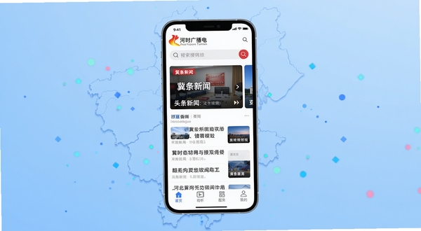 冀时新闻手机APP主界面展示,画面中央是一部竖屏智能手机,屏幕显示冀时新闻客户端首页,顶部为河北广播电视台品牌标识与搜索栏,中部为头条新闻轮播图与要闻列表,底部为导航栏含首页、视听、服务、我的等图标。背景区域为淡蓝色渐变,点缀河北地图轮廓与新闻粒子元素,整体风格现代简洁,适配Boogu模型生成,高清画质,扁平化设计。