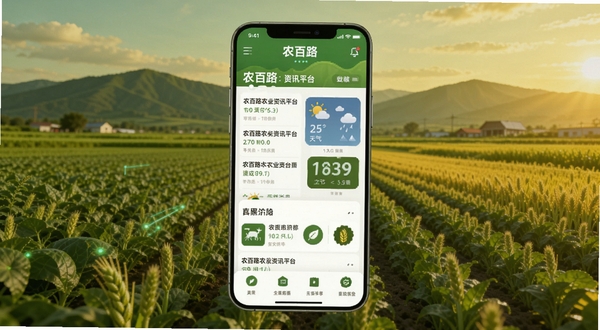 ũ��·ũҵ��Ѷƽ̨�������չʾ����������Ϊһ�������ֻ���Ļ����Ļ�ڳ���ũ��·Ӧ����ҳ������ũҵ��Ѷ�б�������ģ���빦��ͼ�꣬�ֻ�����Ϊ������ũ����Զɽ������ɫ������ɫ��ů��ɫΪ����ͻ��ũҵ��Ϣ��Ƽ��У�����Booguģ������