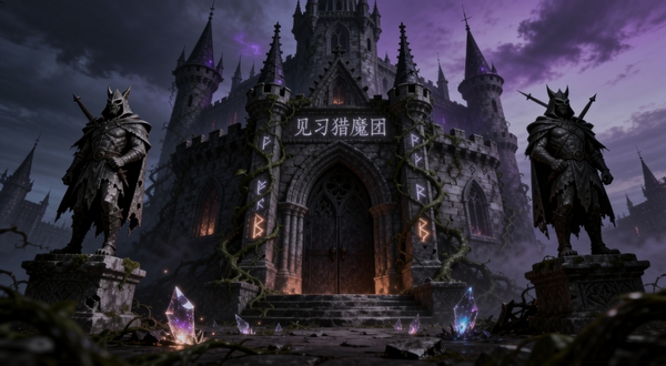见习猎魔团暗黑魔幻风格场景图,画面主体为一座被藤蔓缠绕的哥特式城堡入口,城堡两侧矗立着破损的猎魔人石像,地面散落着发光的魔法碎片,远处天空呈现暗紫色,整体氛围神秘而紧张,软件名称见习猎魔团以符文形式刻在城堡门楣上