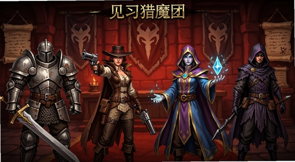 见习猎魔团多角色选择界面,画面展示四位风格不同的猎魔团成员并列站立,从左至右分别为重甲剑士、双枪游侠、元素法师与暗影刺客,背景为暗红色调的公会大厅,墙上悬挂着猎魔团旗帜与任务卷轴,软件名称见习猎魔团以金色字体显示在界面顶部
