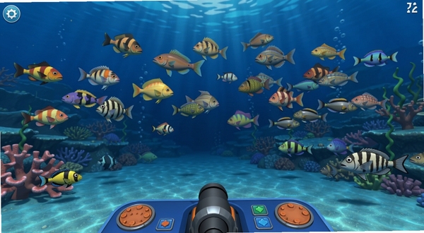 电玩捕鱼游戏主界面全景展示,画面中央是3D海底场景,各色鱼群游动,底部为炮台操作区,背景为深海蓝色调,整体风格明亮活泼,适配Boogu模型生成