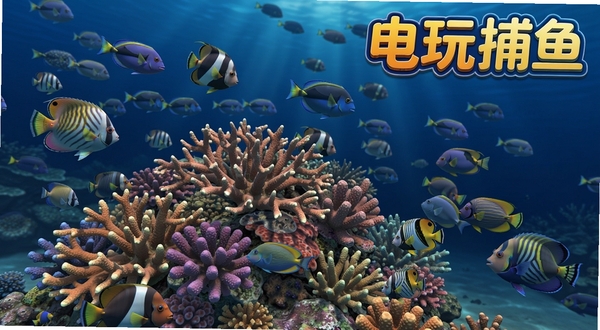 电玩捕鱼3D海底场景特写,画面主体为色彩斑斓的珊瑚礁与游动的热带鱼群,背景为深海蓝色渐变,光影效果细腻,软件名称电玩捕鱼以艺术字形式融入画面右上角