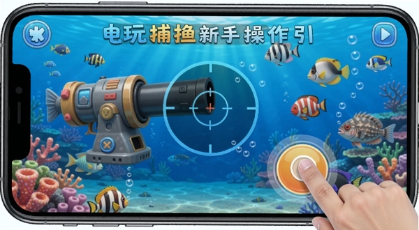 电玩捕鱼新手操作指引界面,画面展示手机屏幕上的炮台瞄准操作,手指点击射击按钮,背景为海底鱼群,画面简洁清晰,适合作为教程配图