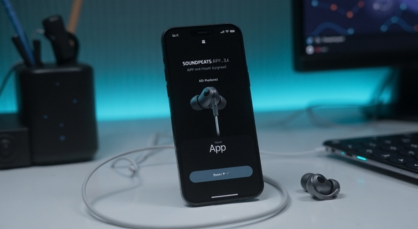 SOUNDPEATS耳机连接手机APP固件升级界面展示,简洁科技风格