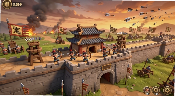 三国:箭雨千军游戏主界面全景,画面中央是一座巍峨的古代城墙,城墙上方排列着弓箭手与箭塔,背景是烽火连天的三国战场,远处有曹军旗帜与攻城器械,天空呈现黄昏火烧云色调,整体风格为Q版卡通渲染,色彩鲜明,适配Boogu模型生成。