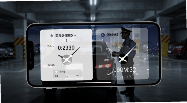 e司机代驾计费软件功能展示图,画面中一部手机横屏放置,屏幕显示里程计费与等候计时两个模块并排布局,里程数字和计时器指针清晰可见,背景为深夜城市停车场场景,有代驾司机与车辆剪影,整体风格写实偏商务,画面突出手机屏幕内容,背景适度虚化