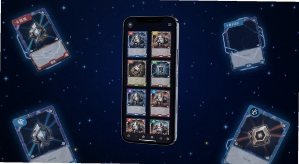 卡包英雄应用主界面展示,画面中央悬浮着一部智能手机,屏幕内呈现整齐排列的卡牌卡片列表,每张卡片带有不同颜色标签与图标,背景为深蓝色渐变星空,周围点缀少量发光的卡牌轮廓元素,整体风格简洁科技感,适配Boogu模型生成