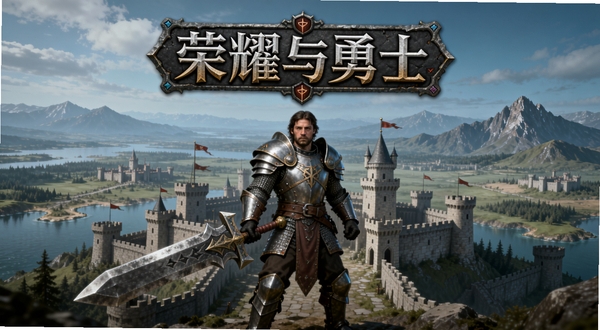 荣耀与勇士 游戏主界面 中世纪魔幻风格 勇士角色手持巨剑站在城堡前 背景为辽阔大陆与远山 写实画风 高细节 游戏宣传图