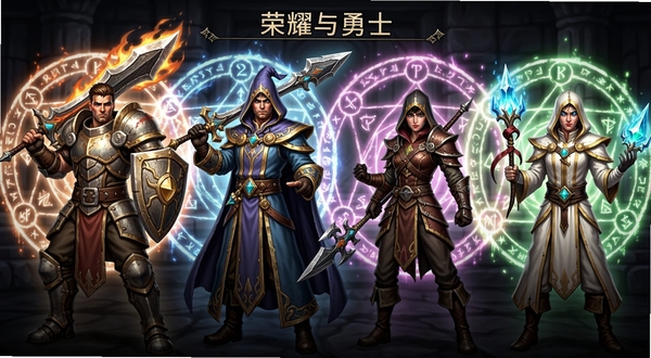 荣耀与勇士 四大职业角色并排展示 战士法师刺客牧师 各持武器 背景为魔法阵 游戏角色选择界面 高清细节