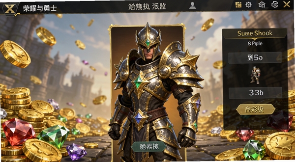 荣耀与勇士 游戏商城界面 时装展示 角色穿着华丽铠甲 背景为金币与宝石 游戏内购界面 高清截图