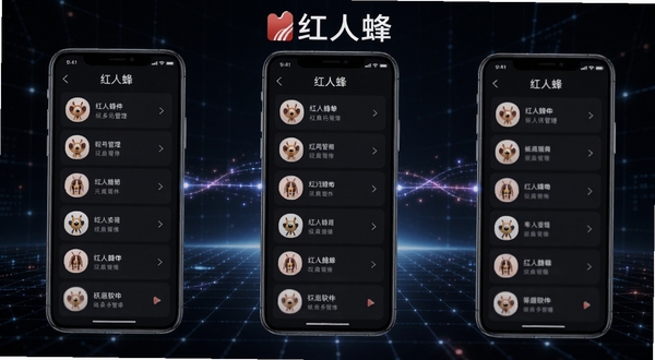红人蜂多账号管理界面,画面展示三个并排的手机屏幕,每个屏幕代表一个独立账号面板,屏幕之间用发光线条连接,背景为深色科技感网格,突出红人蜂软件名称