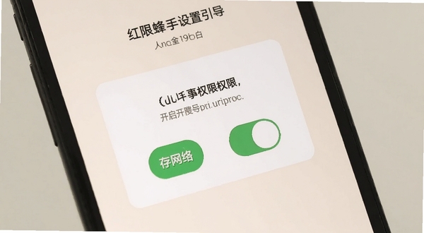 红人蜂新手设置引导界面,画面为手机屏幕特写,屏幕上显示权限开启引导弹窗,有存储和网络两个开关图标,背景为柔和米白色,风格扁平化