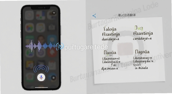 葡萄牙语翻译软件功能展示图,画面采用分屏构图,左侧为手机语音翻译界面,显示按住说话的按钮和声波波纹动效;右侧为翻译结果展示,中葡双语对照排列。背景区域用淡灰色简约风格衬托,画面中可出现软件名称葡萄牙语翻译的标识水印,整体突出语音交互的便捷感。
