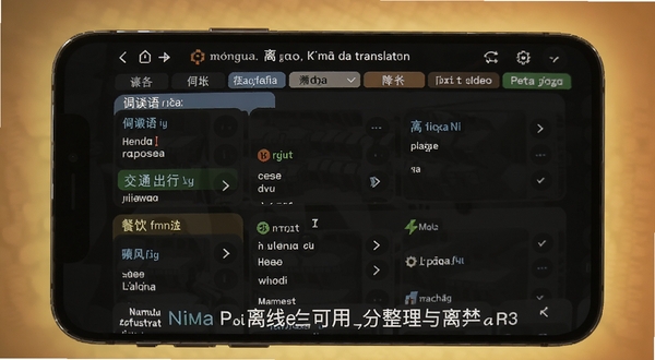 葡萄牙语翻译软件离线短语手册界面截图,画面展示手机屏幕内分类清晰的短语列表,包括问候语、交通出行、餐饮住宿等标签页,背景区域用暖色调柔和光晕衬托,画面中可融入葡萄牙语翻译软件名称标识,突出离线可用与分类整理的产品特点。