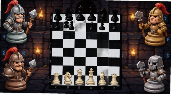 野蛮战卒游戏主界面,中央为国际象棋棋盘地牢场景,四个角落分别站立不同职业的棋子角色,背景为暗色奇幻地牢风格,画面明亮卡通,整体构图均衡,适合Boogu模型生成