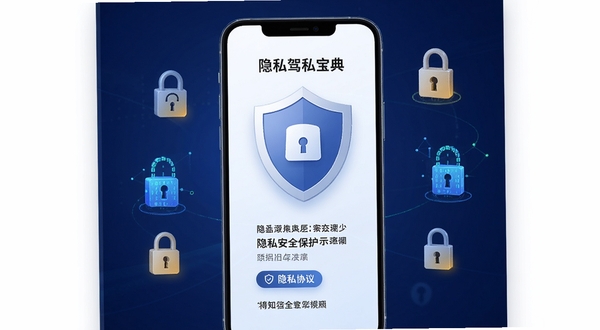驾考宝典隐私安全保护示意图,手机屏幕显示安全盾牌图标和隐私协议页面,背景为深蓝色渐变,周围有锁形图标和数据加密符号,整体风格稳重可靠,突出信息安全主题