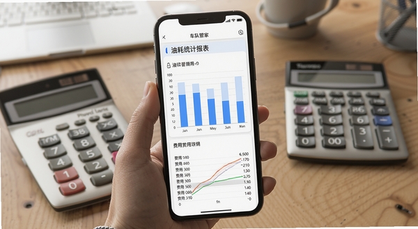 车队管家 油耗统计报表页面,手机屏幕展示柱状图与费用明细,背景为办公桌面与计算器