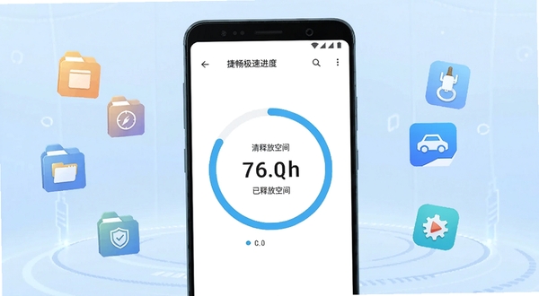 捷畅极速清理主界面展示,画面中央是一部安卓手机屏幕,屏幕中显示清理进度环与已释放空间数字,背景是淡蓝色渐变科技感空间,左侧漂浮着缓存文件图标,右侧漂浮着安装包图标,整体风格简洁明亮,适配Boogu模型生成