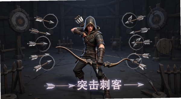 弓箭突击刺客角色成长界面概念图,画面中央展示一名弓箭手角色与多种箭矢图标环绕,背景为简洁的深色训练场,弓箭突击刺客字样以柔和光效呈现于画面下方,整体风格干净利落,适合作为功能展示配图