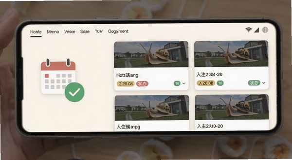 蜗牛预订订单管理页面,安卓手机显示行程卡片列表,每张卡片包含酒店名称、入住日期与状态标签,背景为柔和米白色,画面左侧有日历与对勾图标,整体风格简洁商务