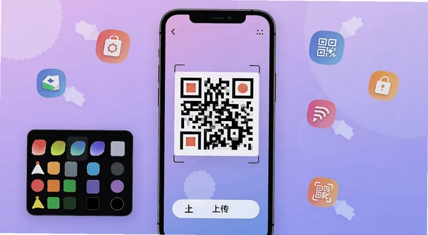 手机屏幕显示二维码生成界面,有颜色选择器和Logo上传按钮,屏幕上有一个色彩鲜艳的二维码正在生成,背景是柔和的渐变紫色,周围散落着一些设计元素图标,体现二维码一键扫码的生成功能。
