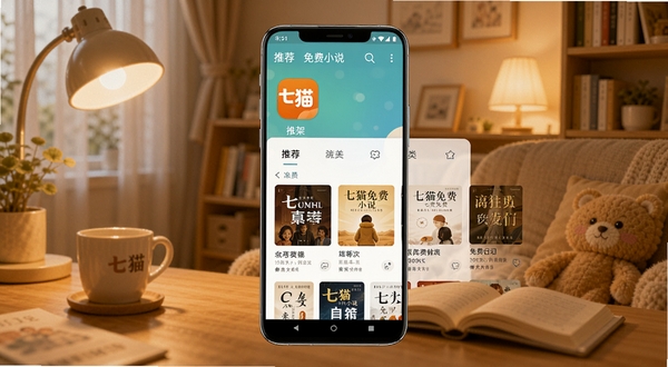 七猫免费小说主界面全貌展示,画面中央为书架分类导航栏,背景是温馨的居家阅读场景,暖色调灯光,手机屏幕清晰显示七猫免费小说图标与推荐书单,整体风格简洁明亮,适合安卓应用展示