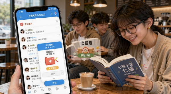 七猫免费小说社区互动界面,画面为手机屏幕显示书友评论区与签到福利弹窗,背景是年轻人在咖啡馆阅读的场景,突出社交属性与福利活动,风格活泼明快