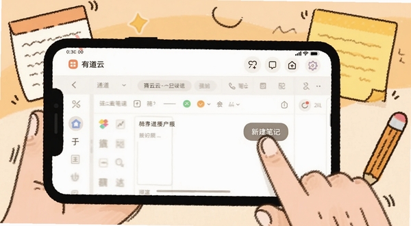 有道云笔记移动端操作界面截图风格插图,画面展示一部手机横屏握持,屏幕上有道云笔记的编辑界面,手指正在点击新建笔记按钮,周围有便签纸和铅笔的卡通元素,背景为暖色调,突出便捷记录的氛围