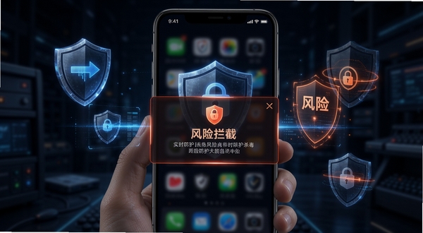 手机管家杀毒实时防护功能展示,画面中手机屏幕弹出安全预警提示框,背景为深色防护主题,周围有盾牌和扫描光线元素,突出“风险拦截”功能场景