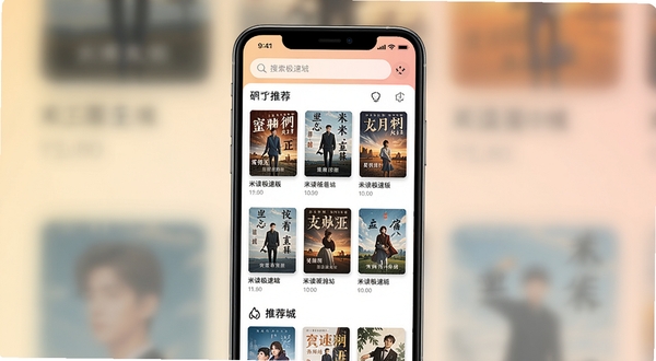 米读极速版应用主界面展示,画面中央为手机屏幕内呈现小说书架与推荐书城布局,背景区域为柔和暖色调渐变,书封整齐排列,顶部搜索栏清晰可见,整体风格清爽简约,适配Boogu模型生成