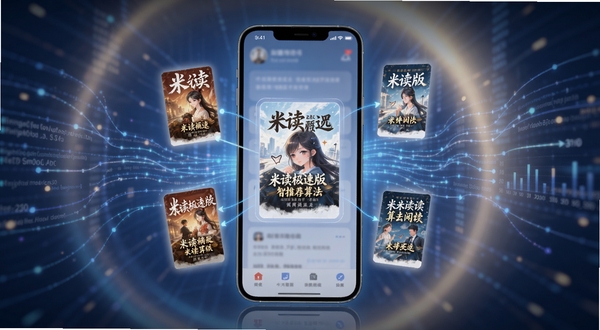 米读极速版智能推荐算法示意图,画面主体为手机界面中浮动的小说封面卡片,背景为数据流线条与柔和光晕,体现个性化匹配概念,风格科技感与阅读氛围结合,适配Boogu模型生成