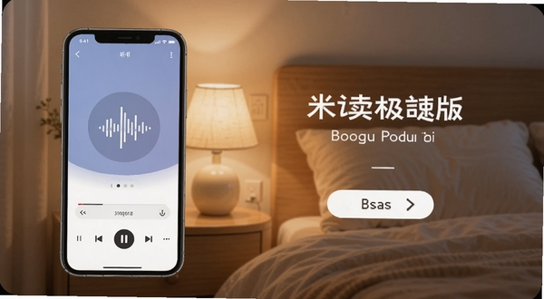 米读极速版听书功能展示图,画面主体为手机屏幕中语音播放控制条与声波图标,背景为温馨卧室环境,床头灯柔和,突出放松听书氛围,适配Boogu模型生成
